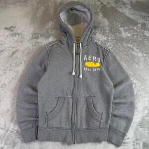 Y2K Aéropostale Zip Up Hoodie Mens Small Gray AERO 1987 Patch Logo